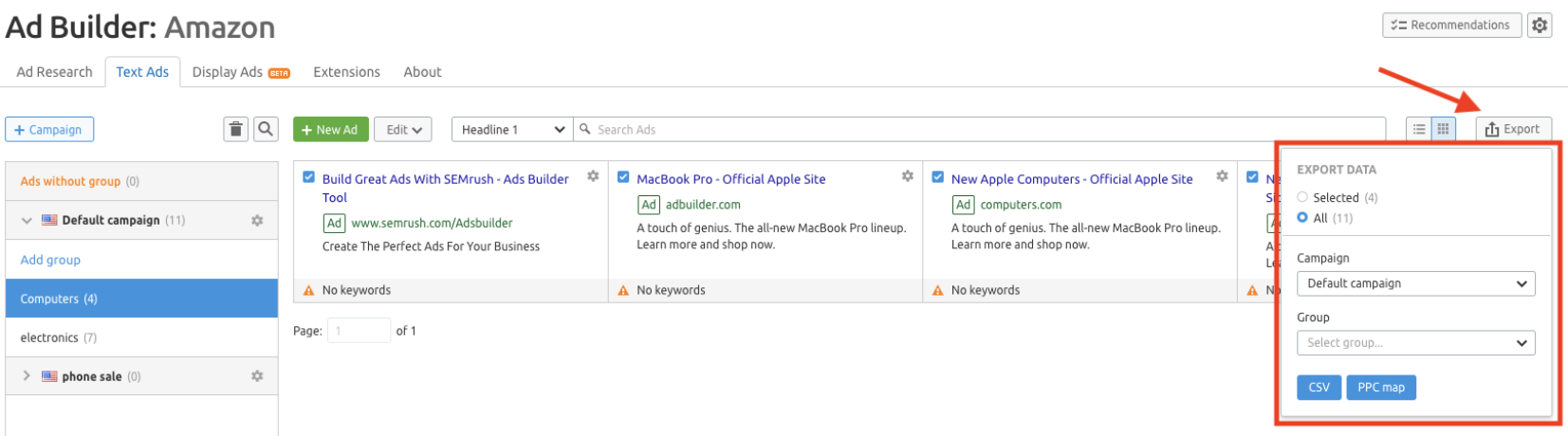 export ads option in SEMrush.