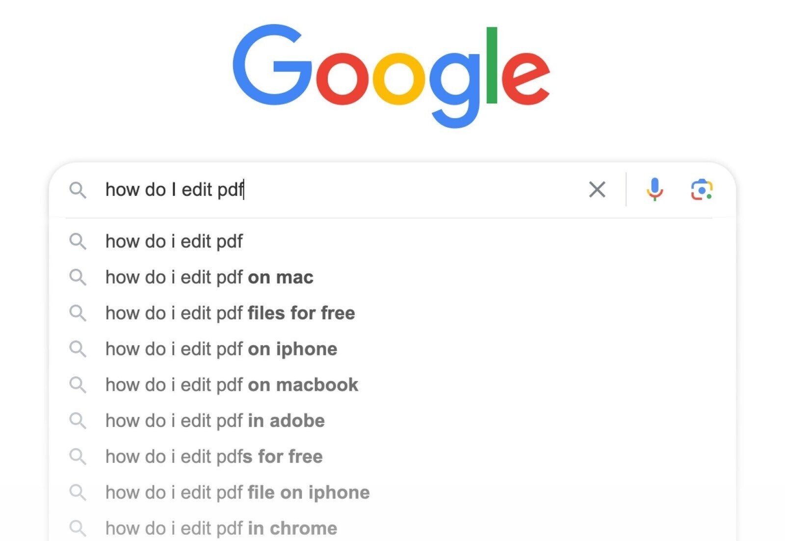 an example of Google autocomplete ideas when searching for "how do I edit pdf"