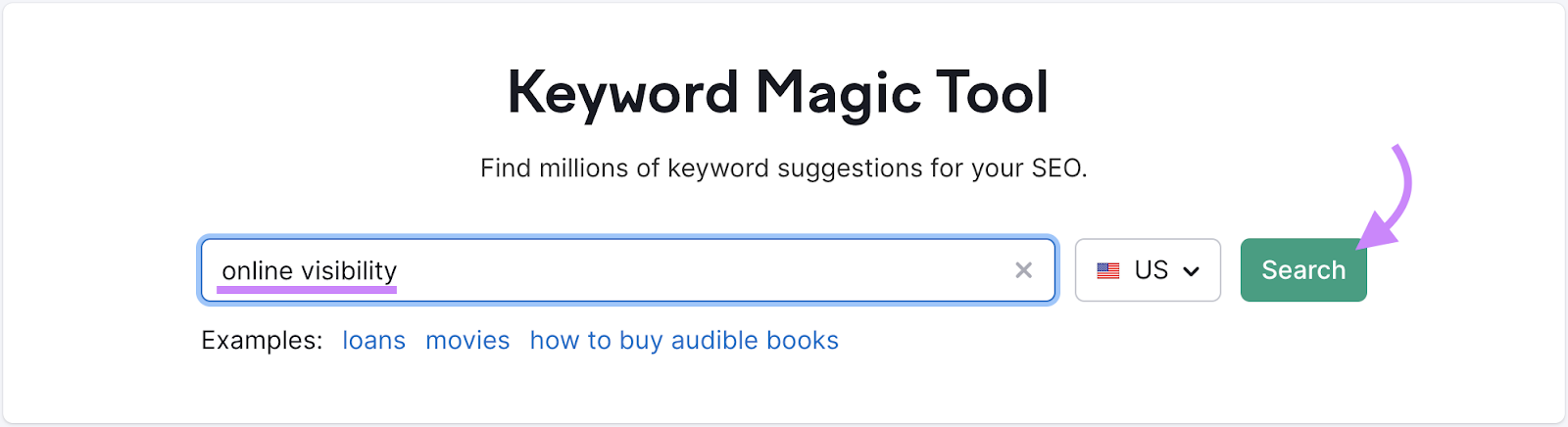 "online visibility" entered into Keyword Magic Tool's search bar