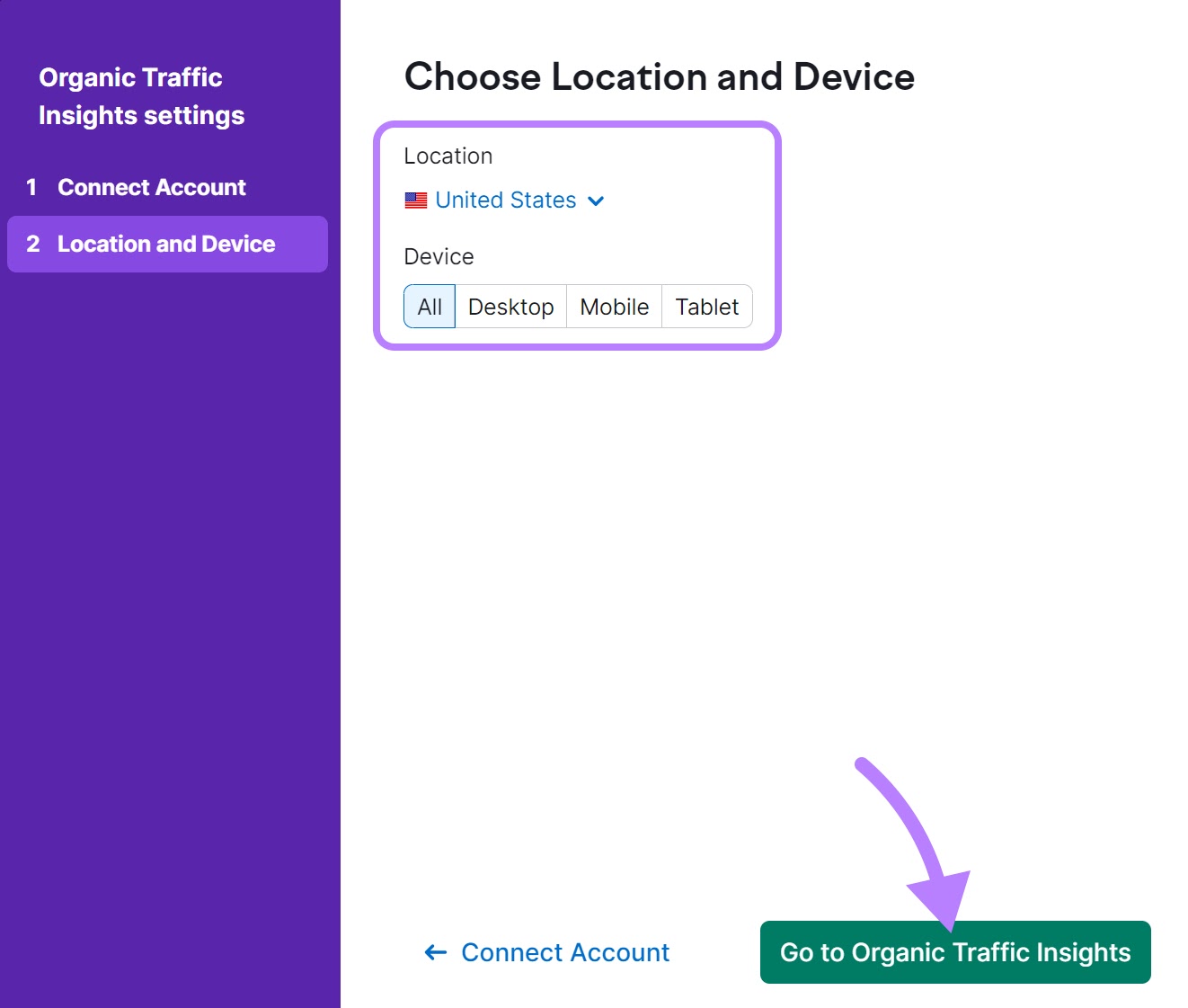 "Location and Device" tab with the "Go to Organic Traffic Insights" button highlighted.