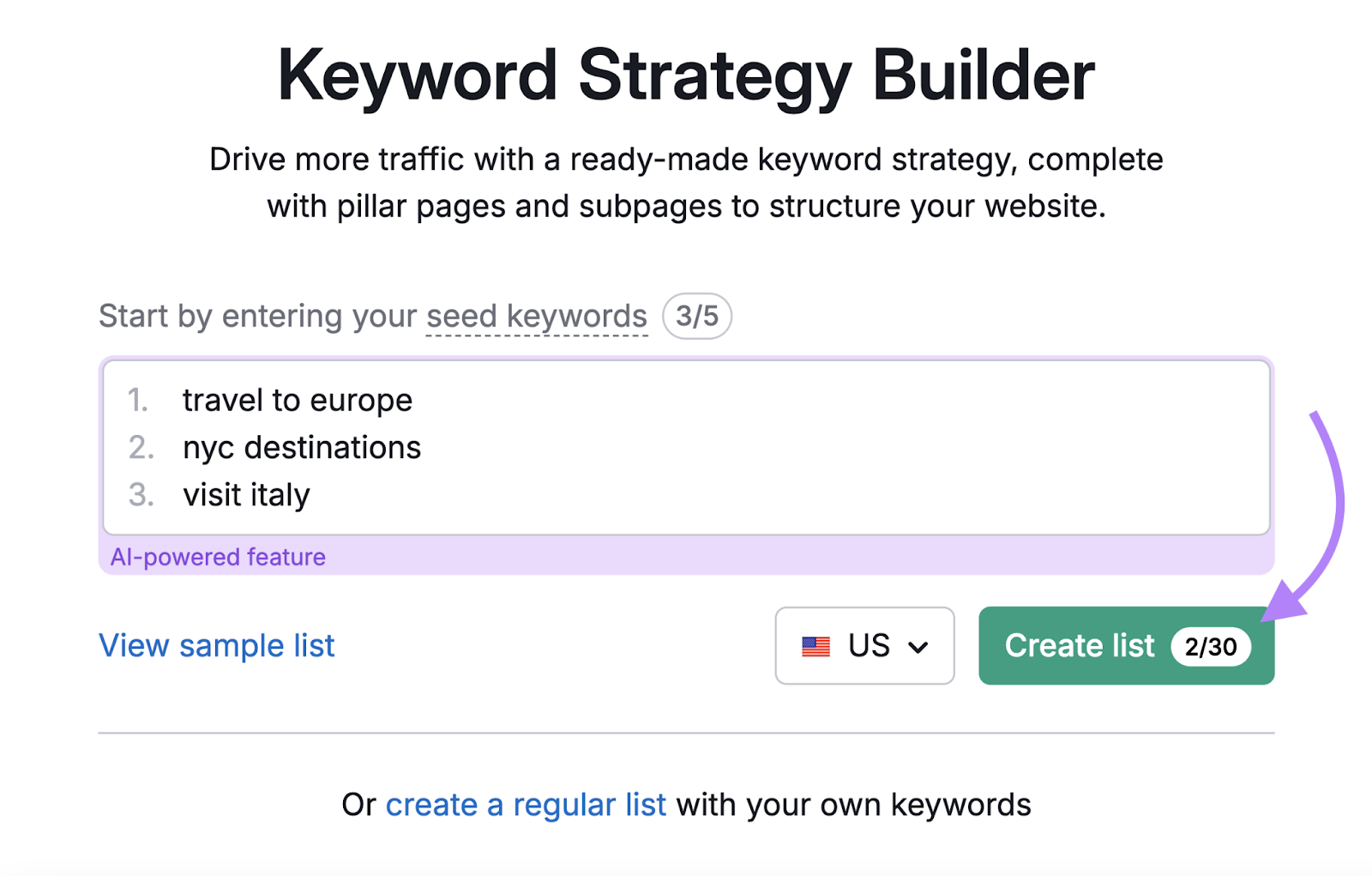 keywords entered into Keyword Strategy Builder