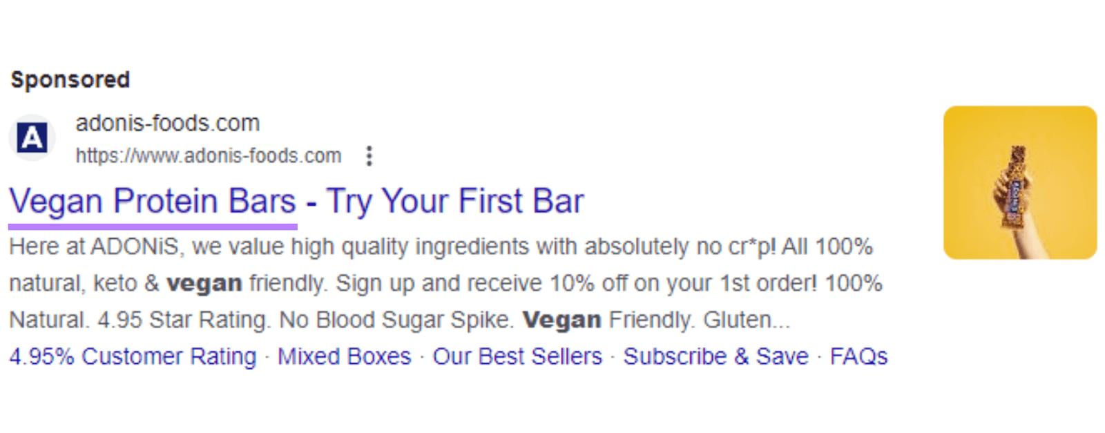 The keyword “vegan protein bars” highlighted in ADONIS Foods' ad headline