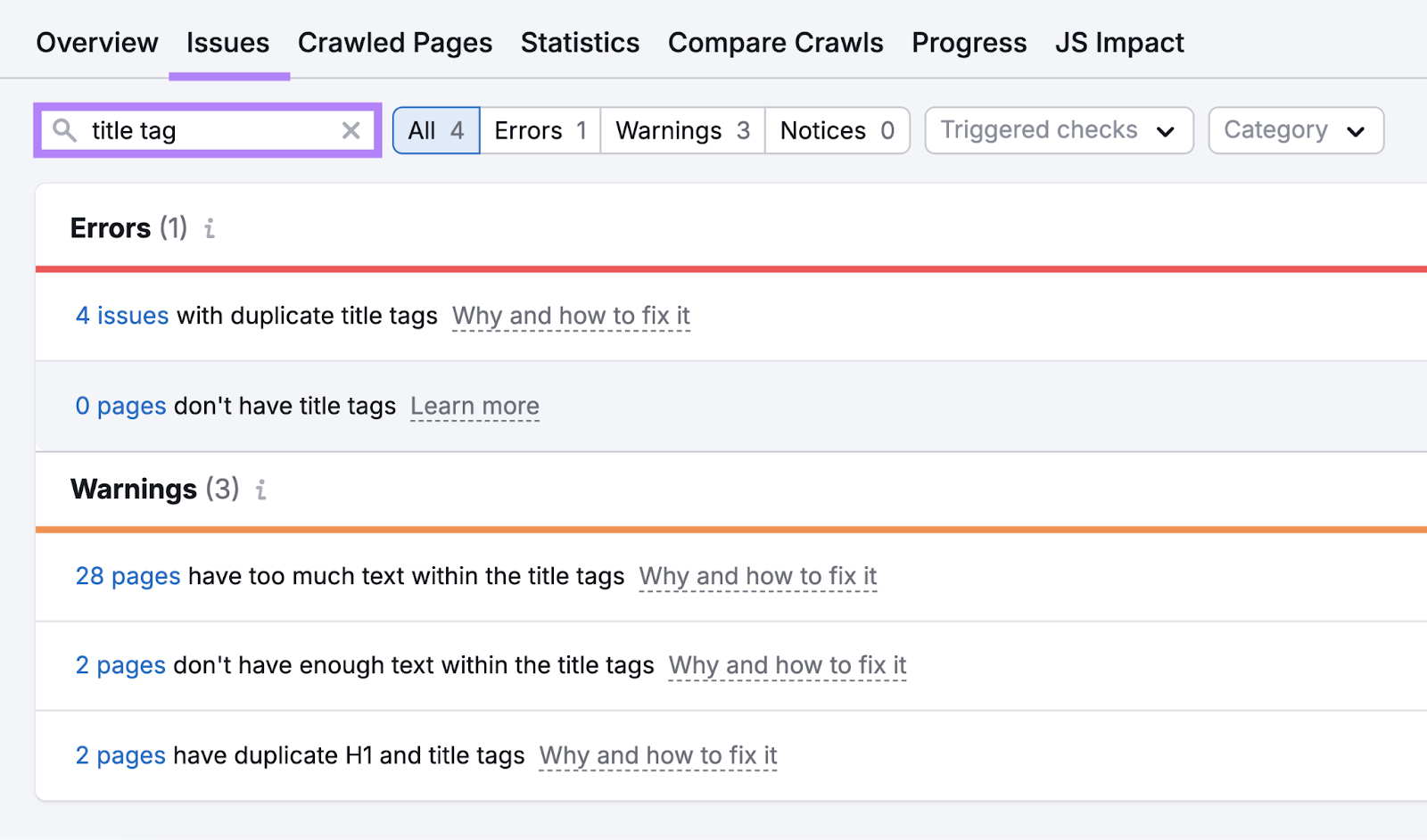 Title tag issues are things for illustration missing tags, duplicates, excessively overmuch text, not  tin text, aliases transcript h1 and title tags.