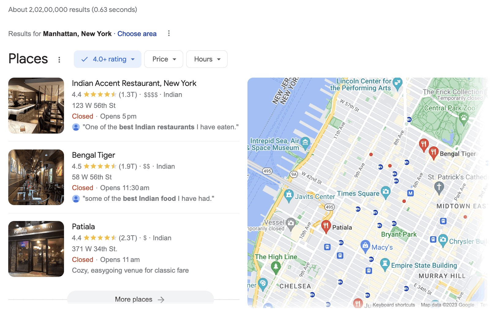 Résultats Google Local Pack pour les « meilleurs restaurants indiens de Manhattan »