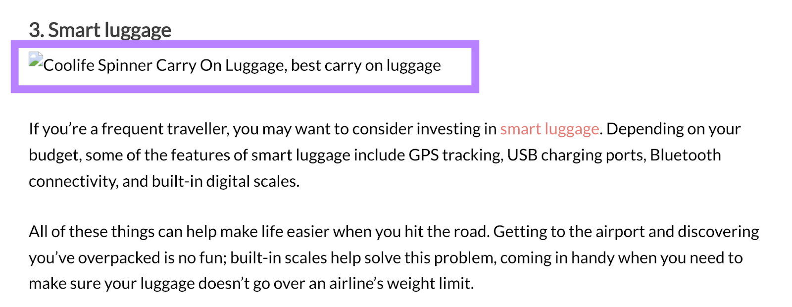 A broken image on a page showing its's alt text instead that reads "Coolife Spinner Carry On Luggage, best carry on luggage"