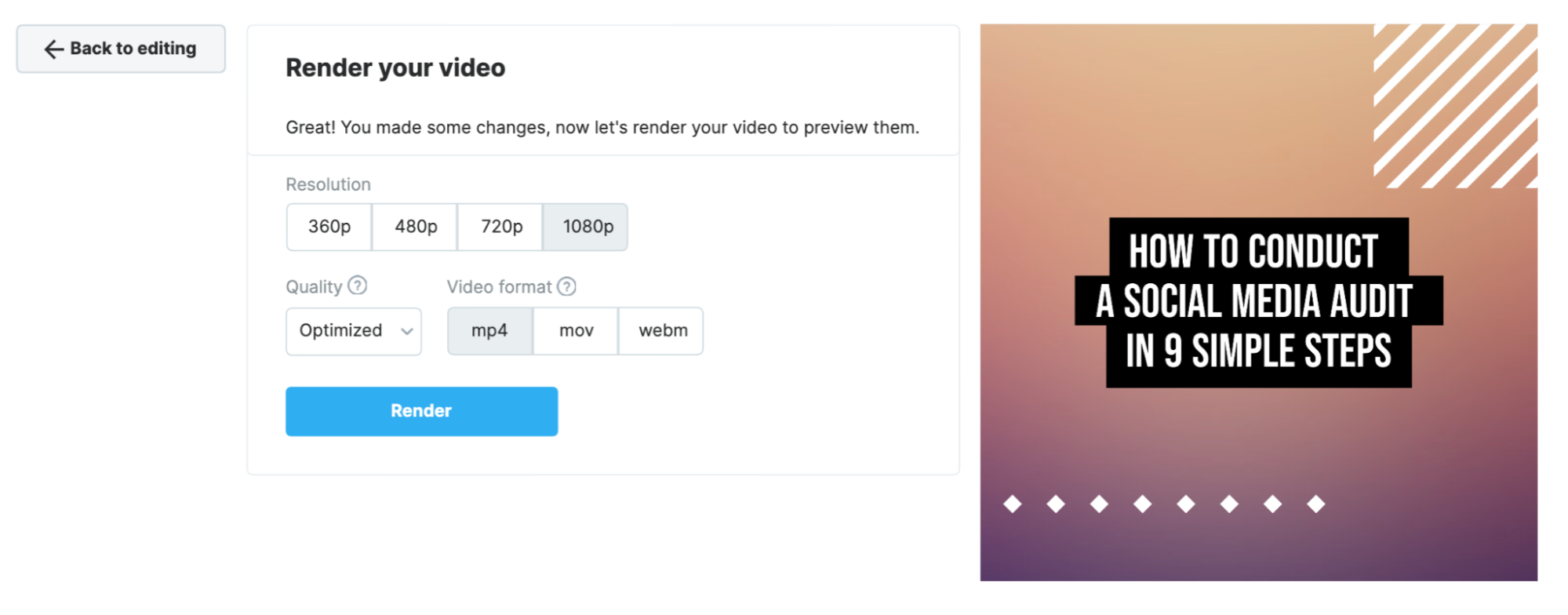 The publishing screen requires you to choose a resolution, quality, and video format.