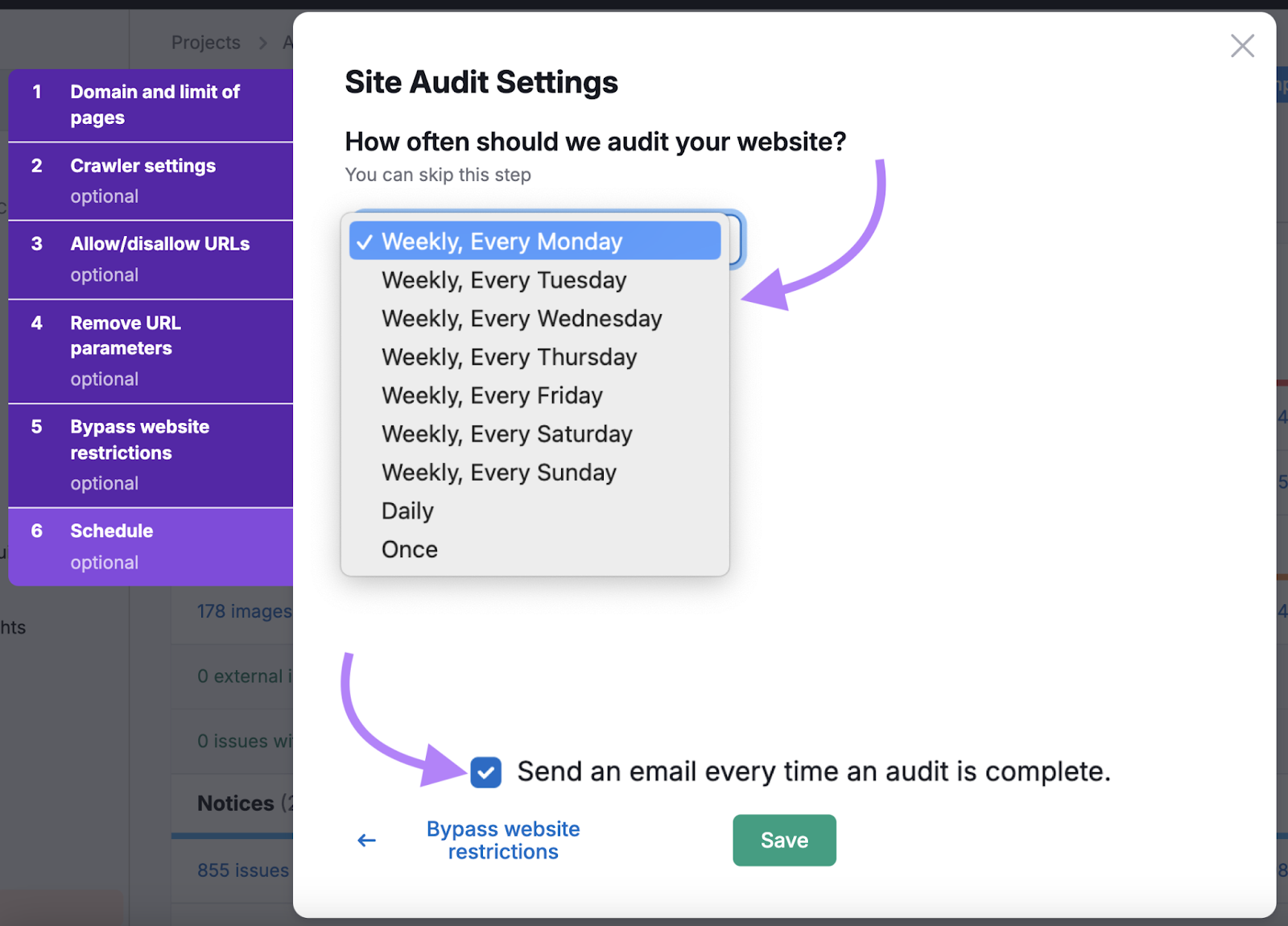 Site Audit setting pop up allows you to choose how often to run Site Audit and to send an email every time an audit is complete.