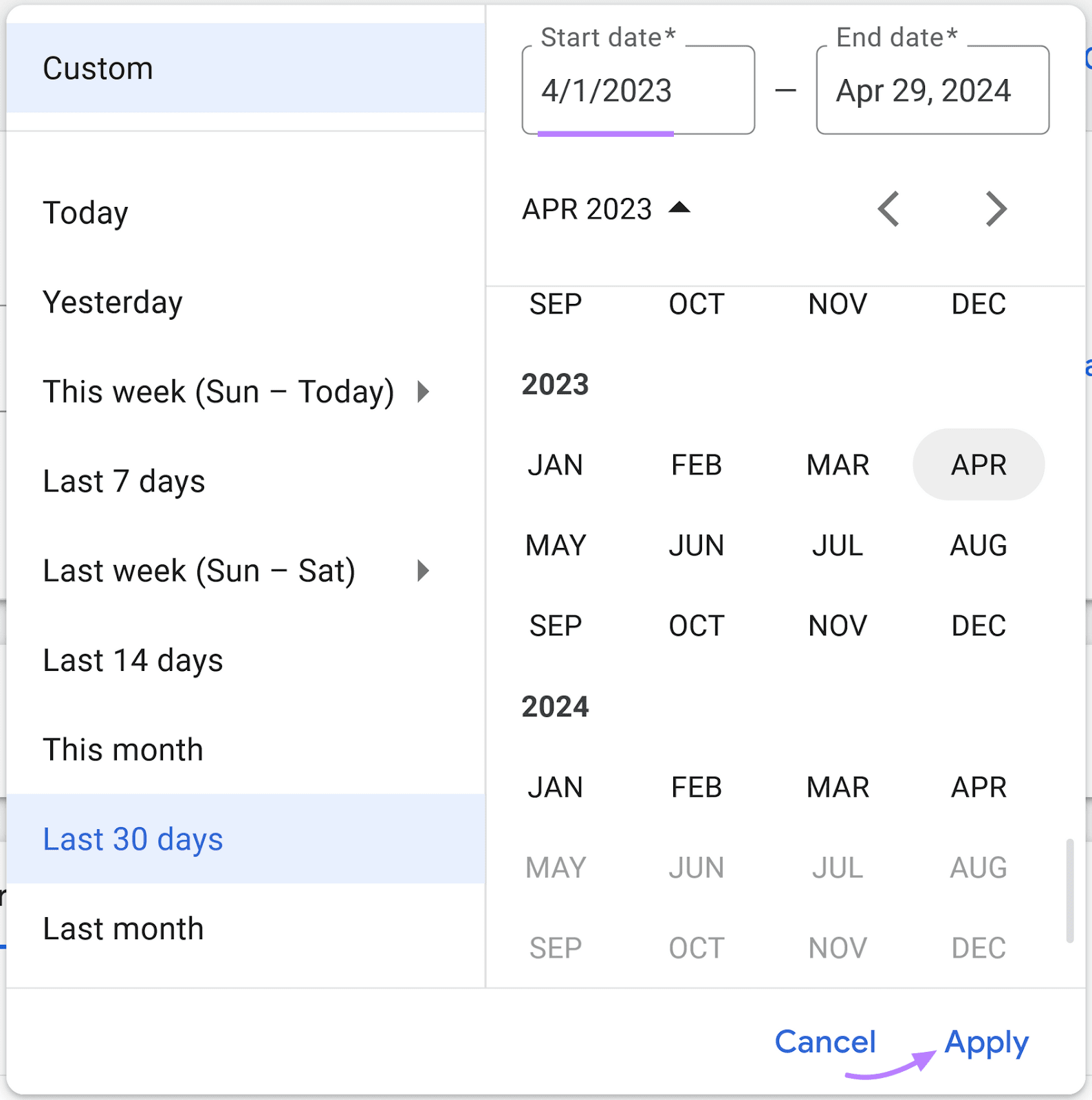 "Ad Preview..." tool date selection interface with various options and "April 1, 2023" entered as the start date.