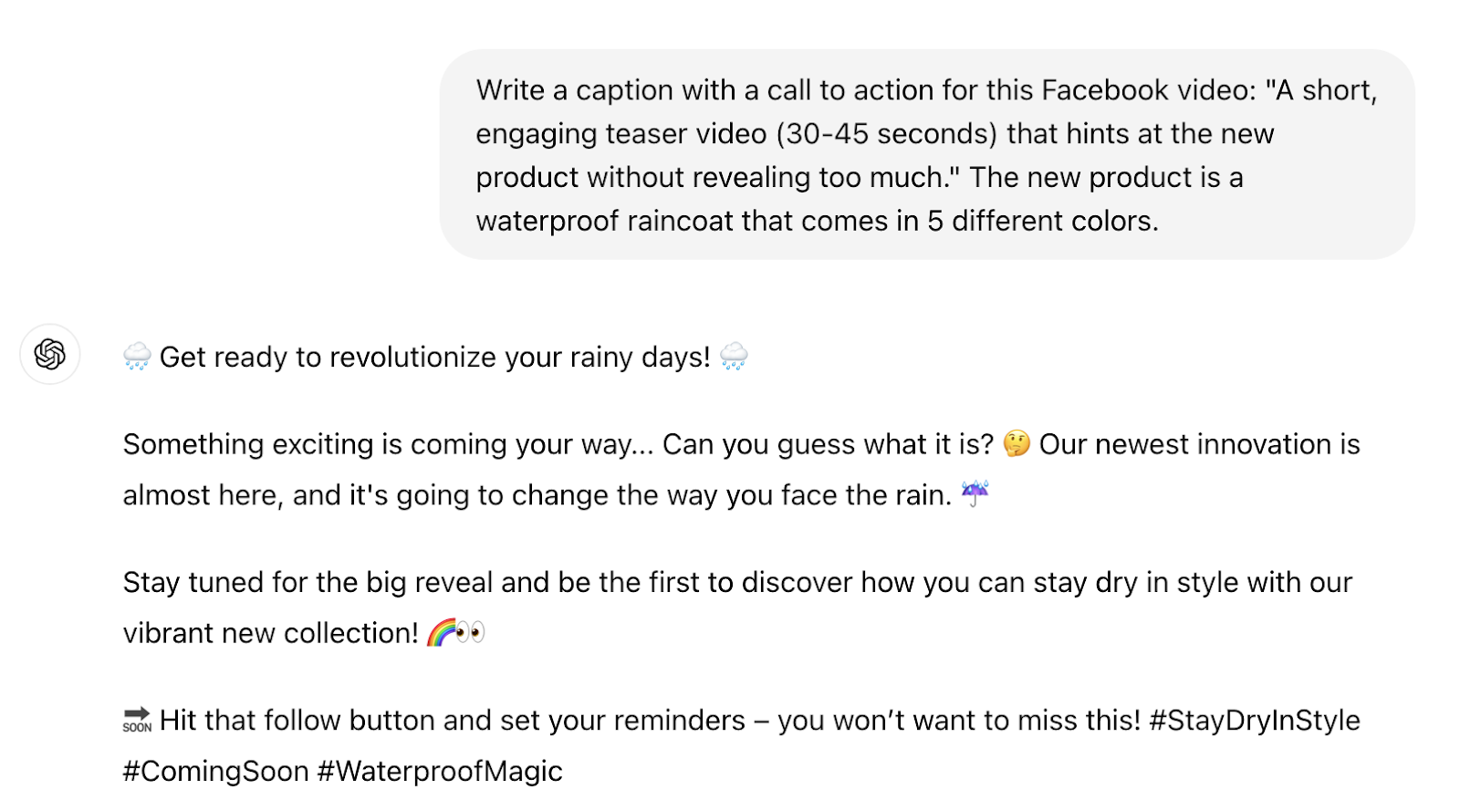 ChatGPT conversation about Facebook video caption with text mentioning an upcoming reveal of a waterproof raincoat