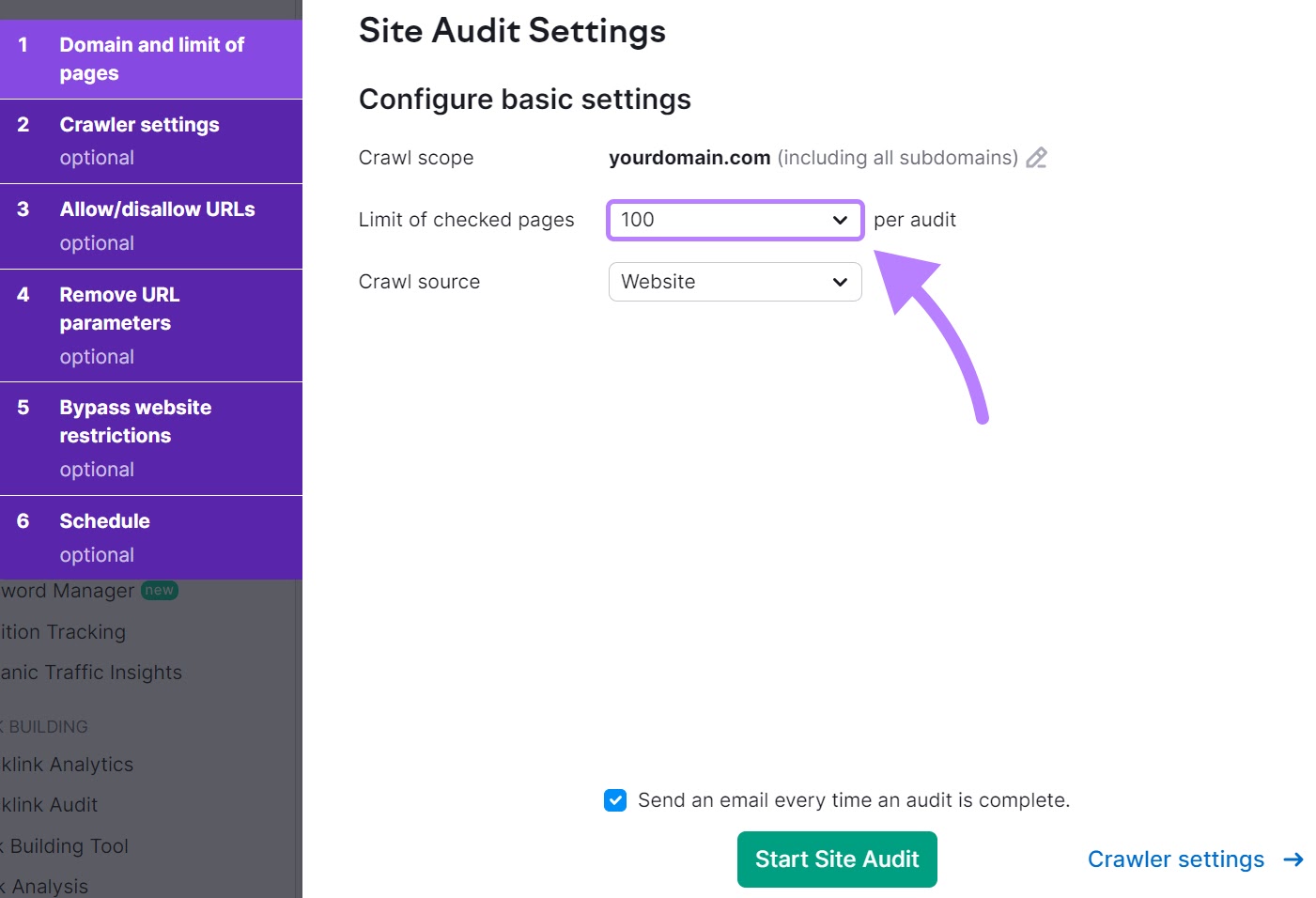 "Site Audit Settings" window