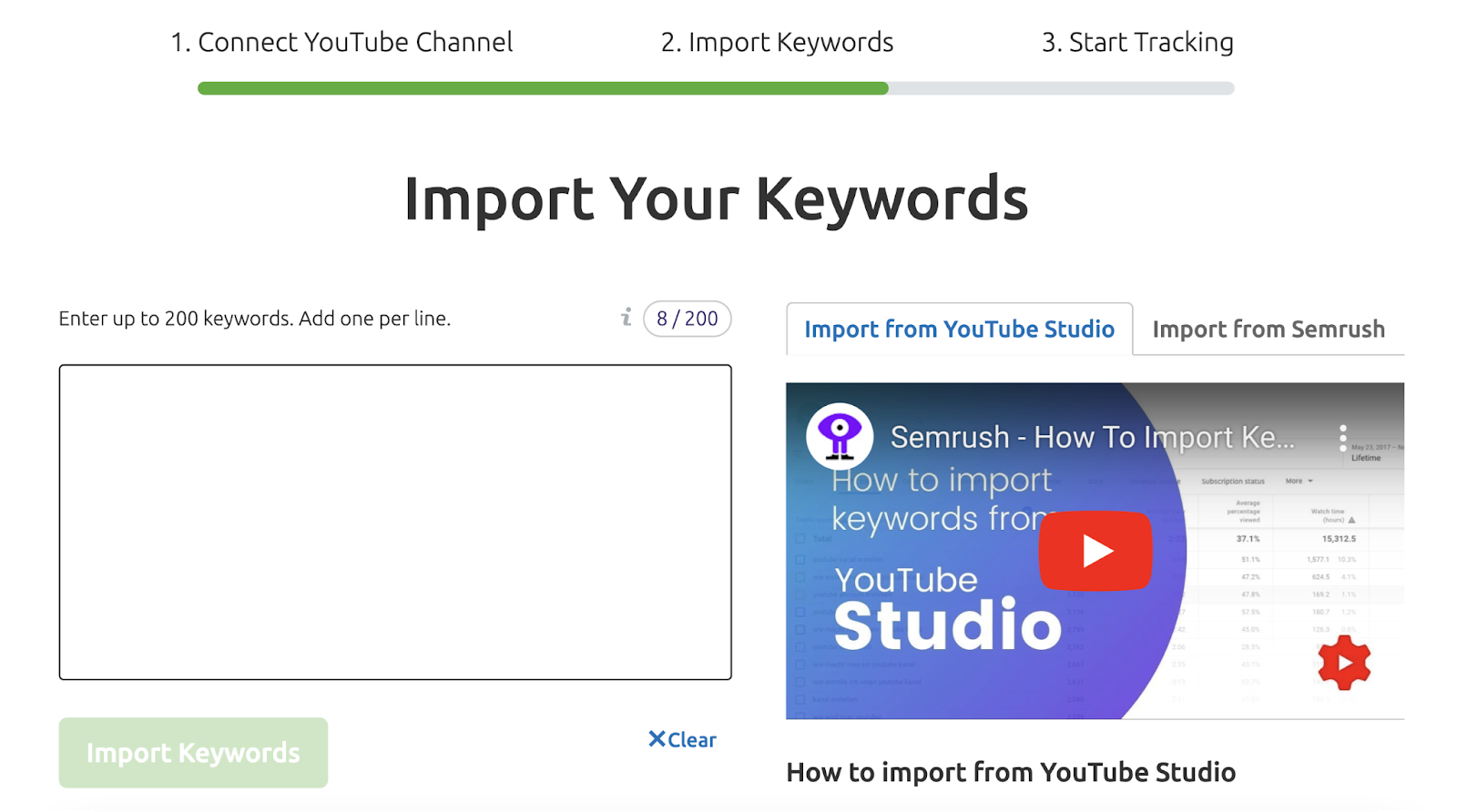 "Import Your Keywords" window in Rank Tracker for YouTube