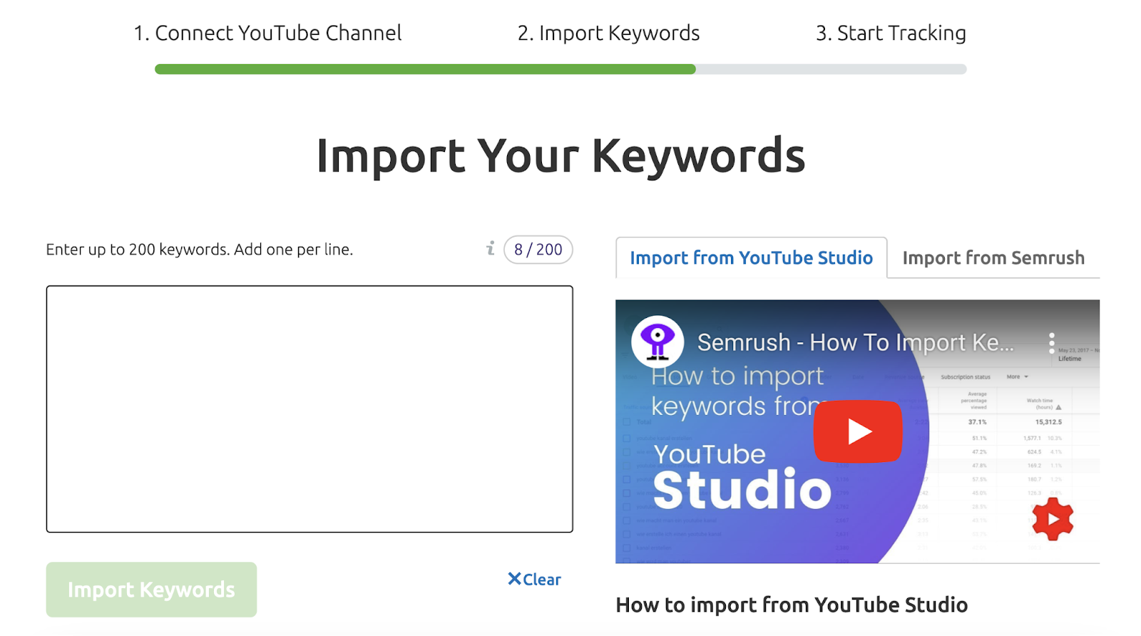 Janela "Importar suas palavras-chave" no Rank Tracker para YouTube