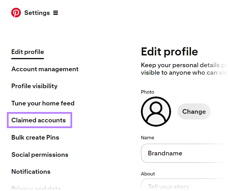 Pinterest settings screen showing the option to add claimed accounts.
