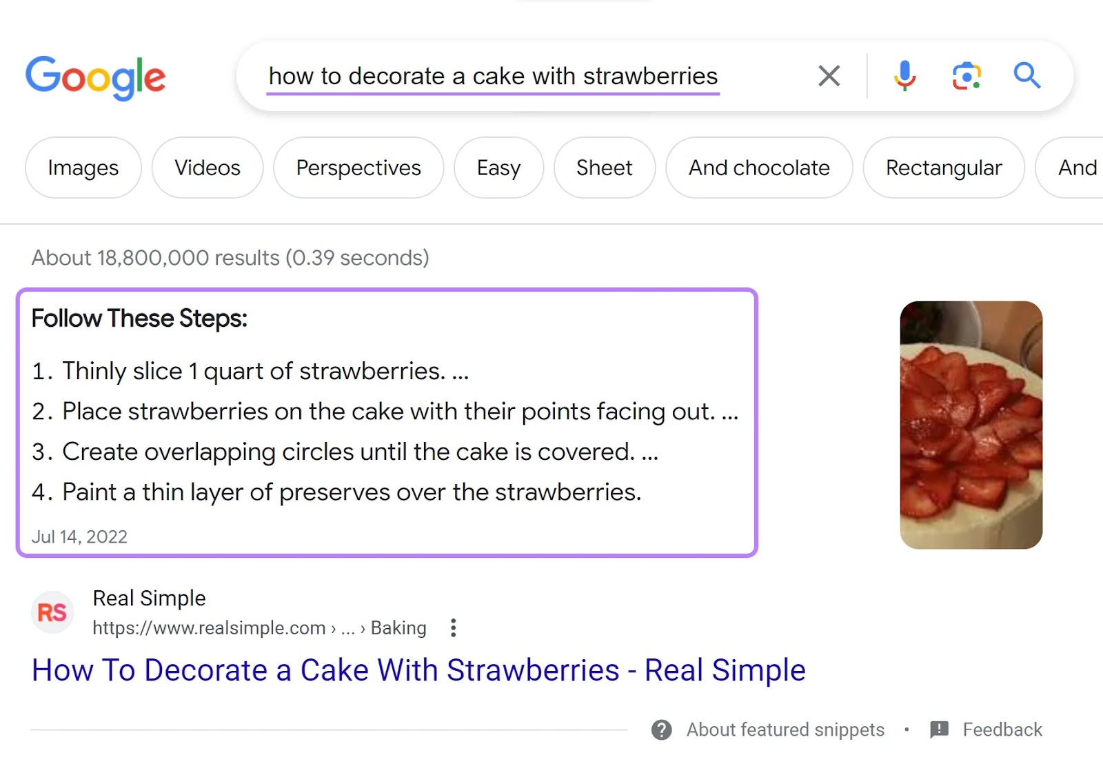 Google's featured snippet for "how to decorate a cake with strawberries" query