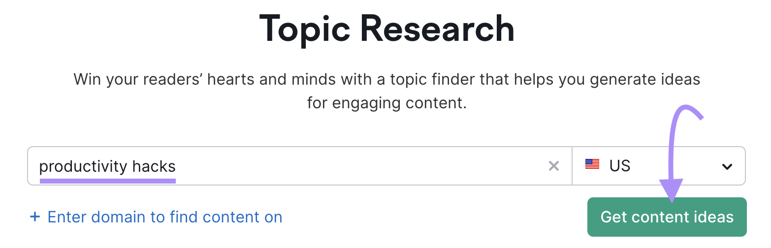 an example of a search for "،uctivity hacks" in Semrush’s Topic Research tool