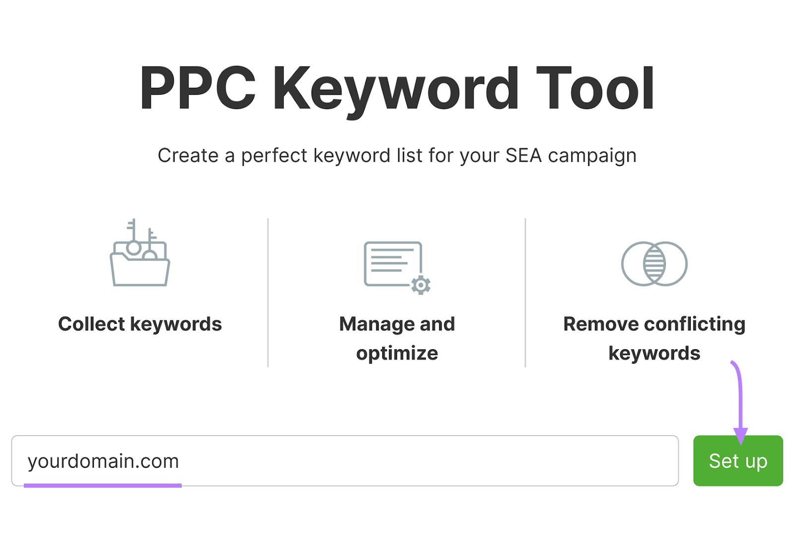 Interface showing a three-step process for a PPC Keyword Tool alongside a domain input field, and a "Set up" button.