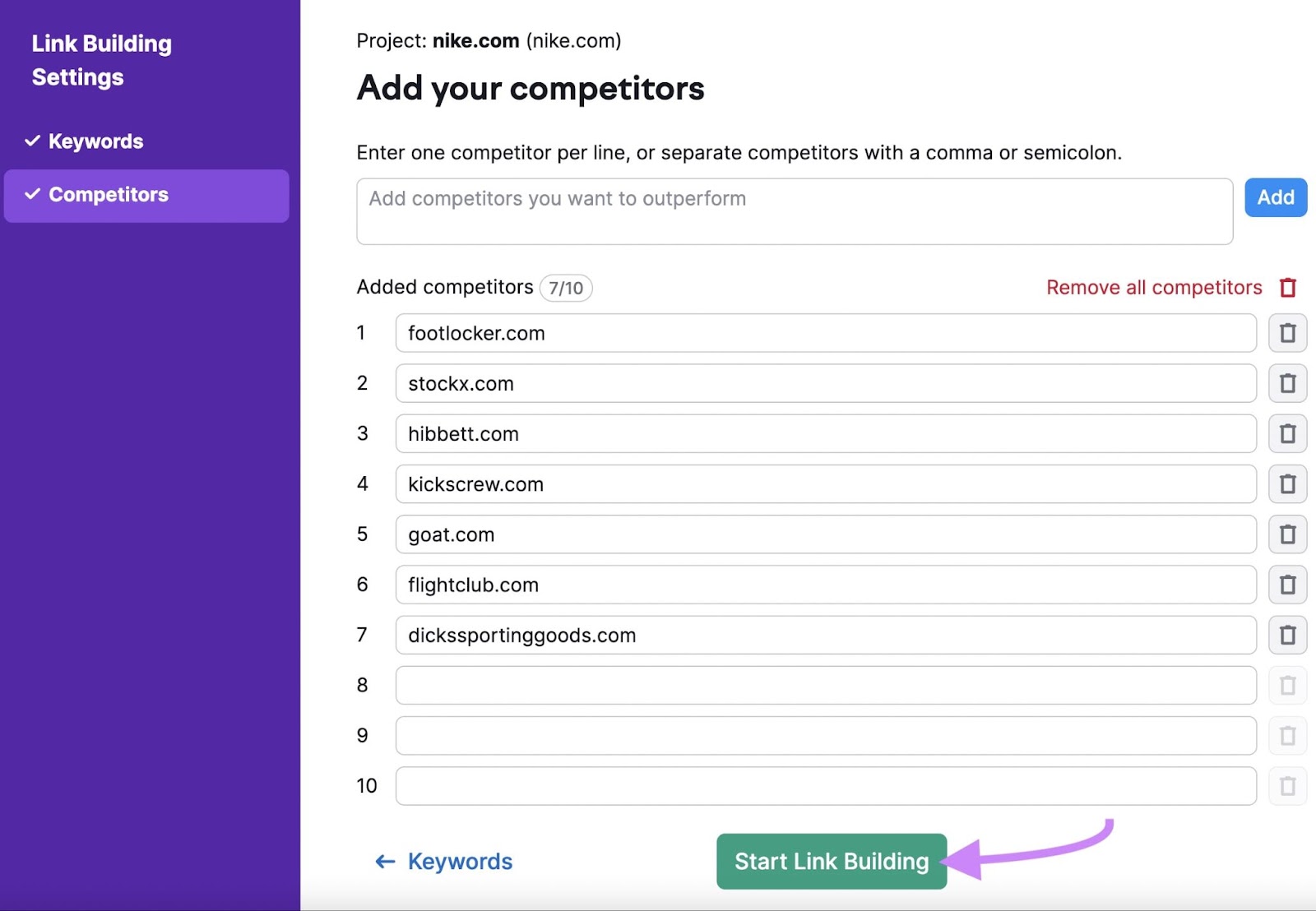 "Add your competitors" window in Link Building Tool settings