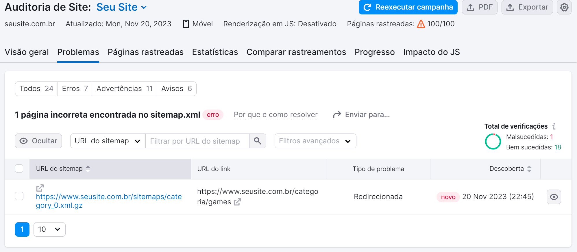 detalhes sobre os erros de sitemap encontrados na ferramenta auditoria de site