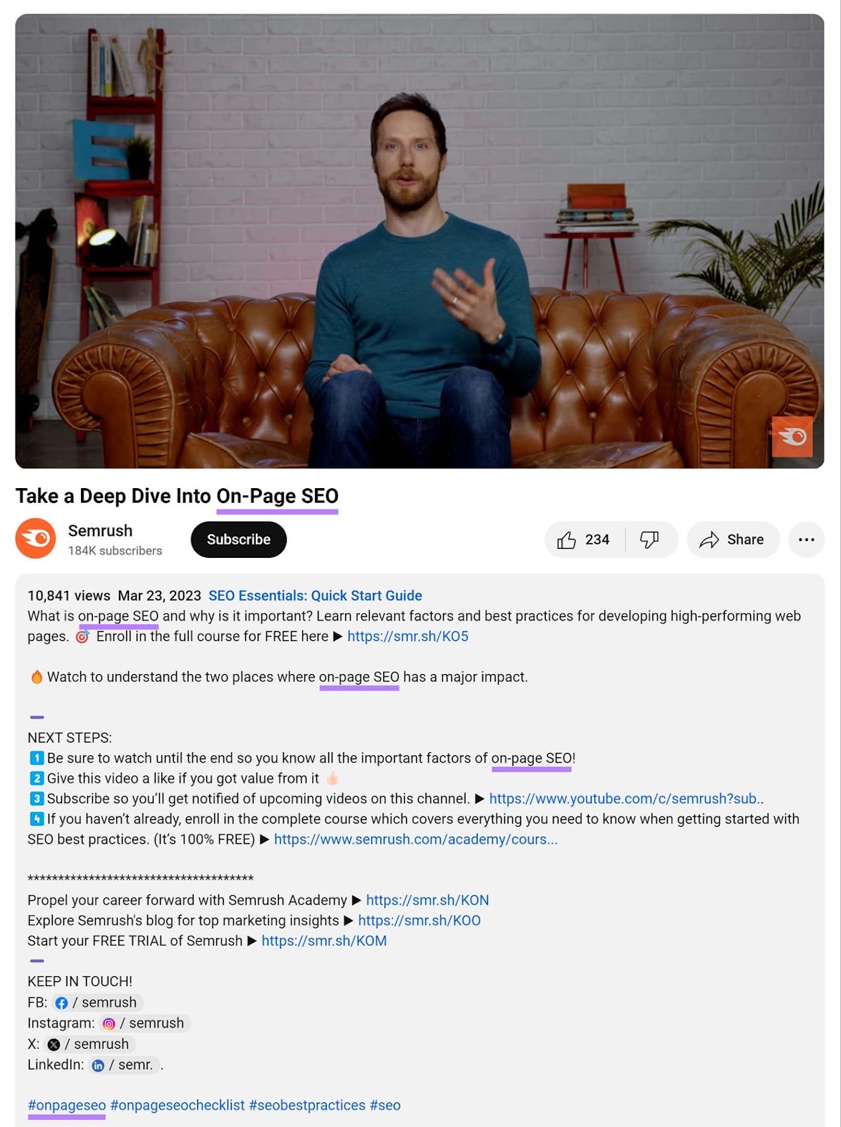 Semrush 'Take a Deep Dive Into On-Page SEO' YouTube video with keywords highlighted.