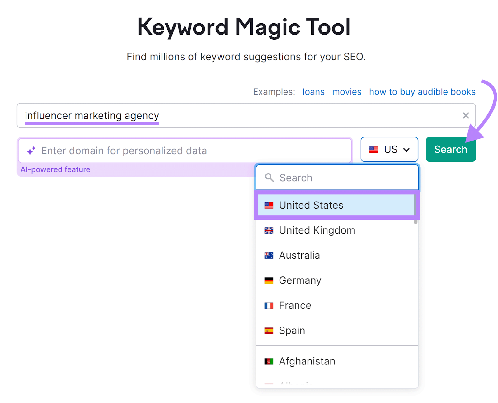 Keyword Magic Tool start with keyword entered, location set to United States, and arrow pointing to Search button