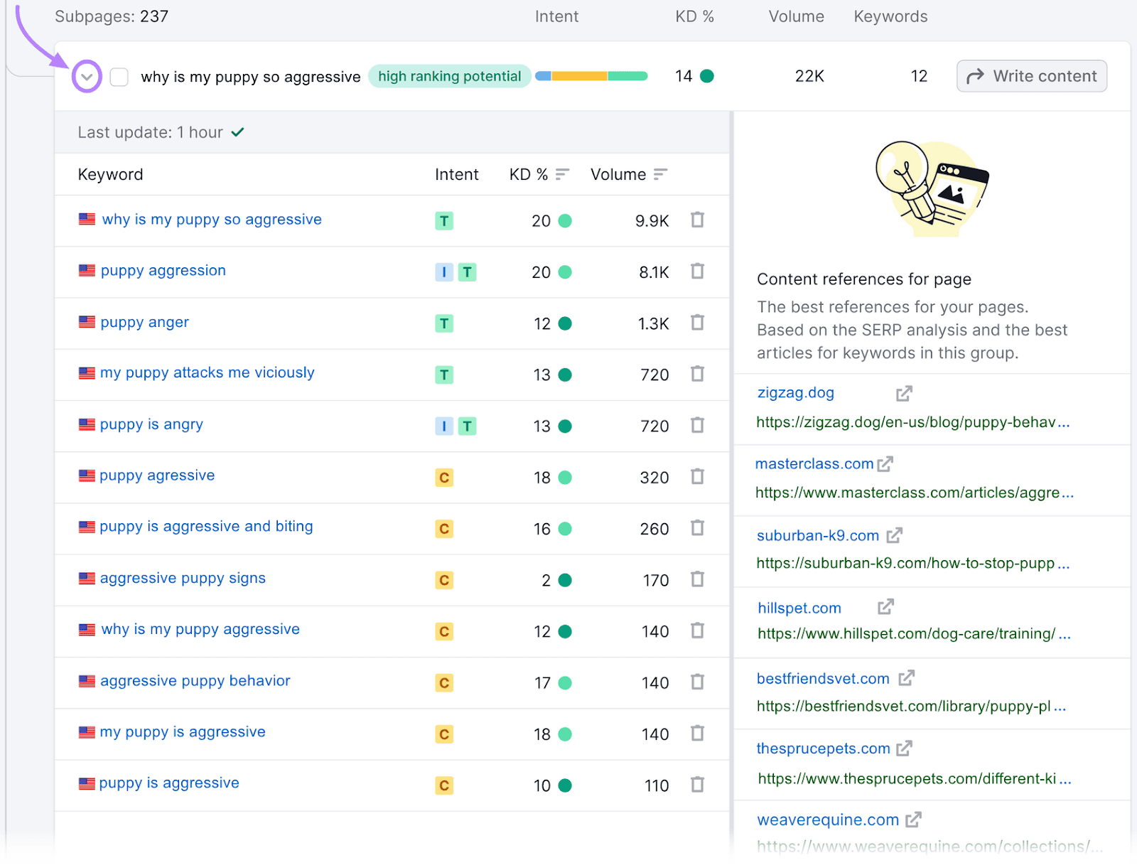 "Page Details" showing one subpage expanded to display its suggested keywords alongside content references.