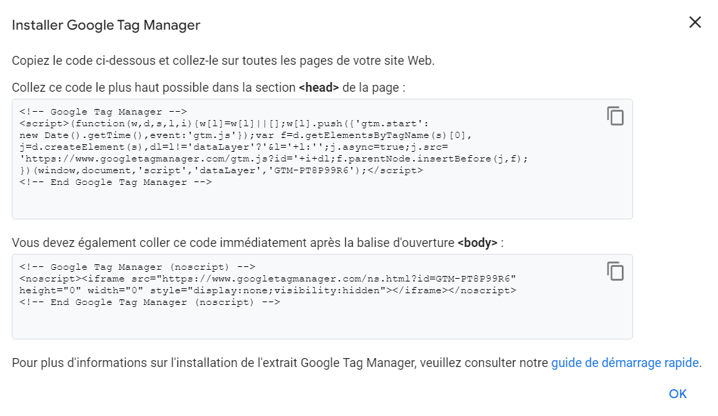 pop-up affiche les extraits de code lors de la création d'un compte Google Tag Manager