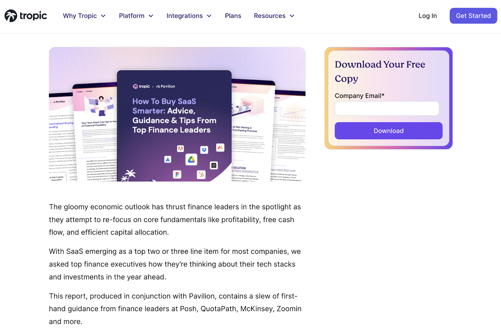 Section of a webpage featuring a downloadable guide titled "How To Buy SaaS Smarter" by Tropic and Pavilion