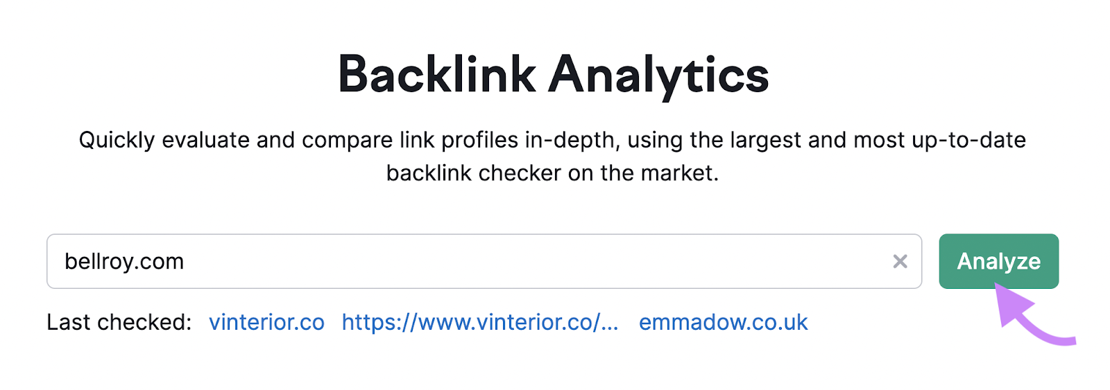 "bellroy.com" entré dans l'outil Backlink Analytics.
