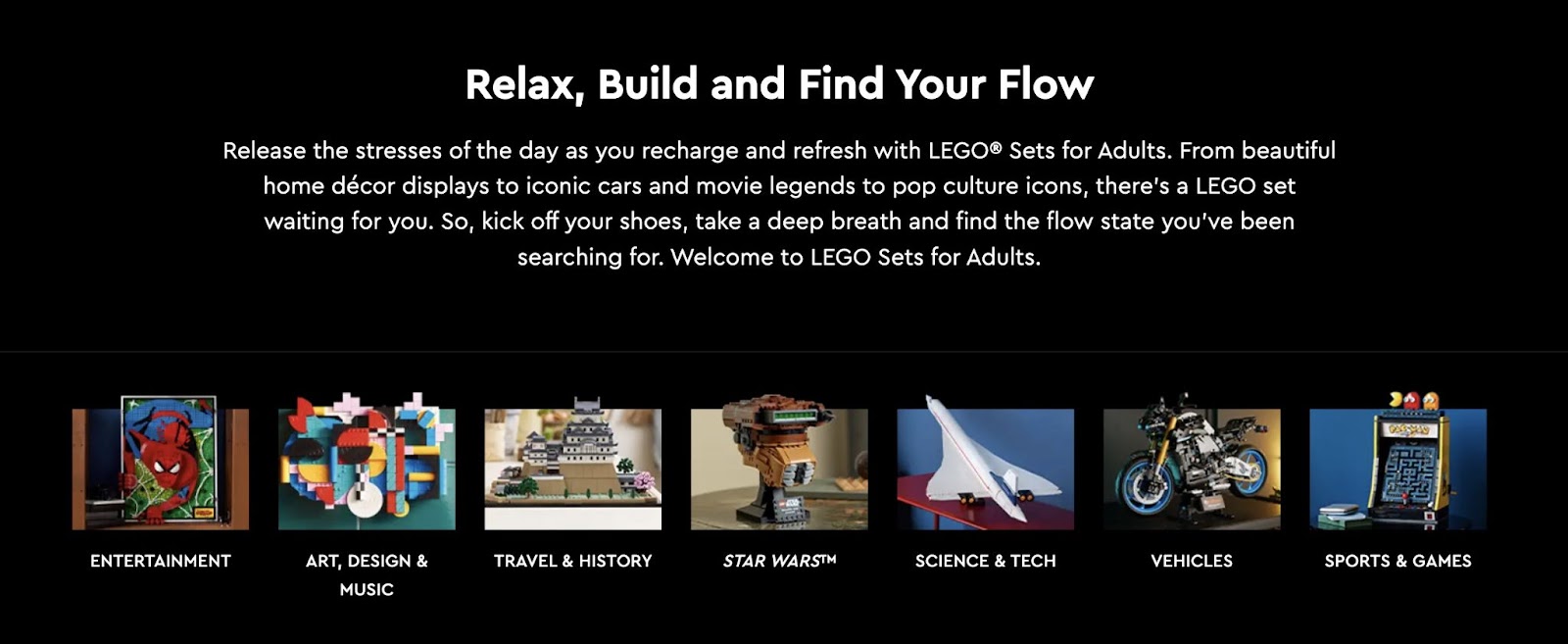 "Relax, Build and Find Your Flow" section of Lego's website