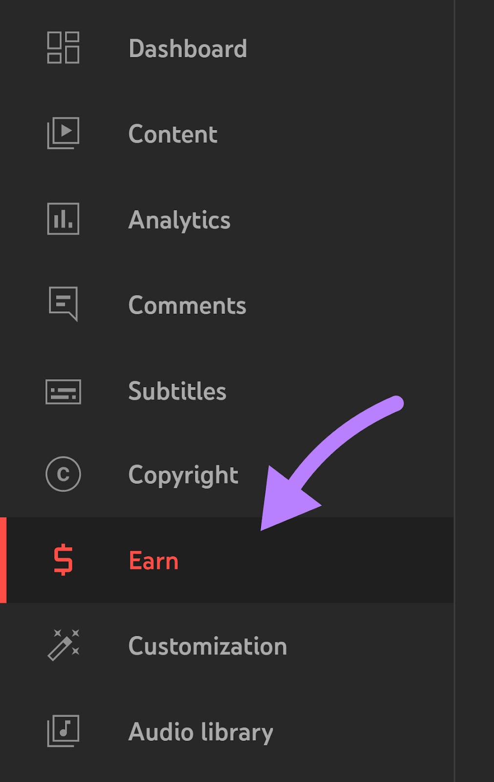 "Earn" tab highlighted in the Youtube Studio’s dashboard