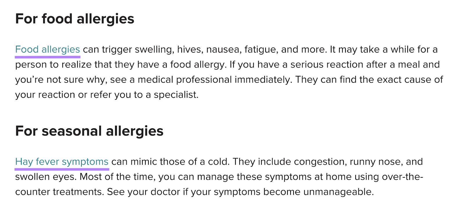 "Food allergies" and "Hay fever symptoms" links