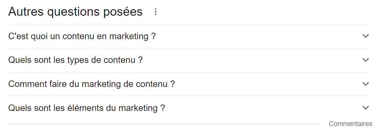 Autres questions posées, contenu marketing