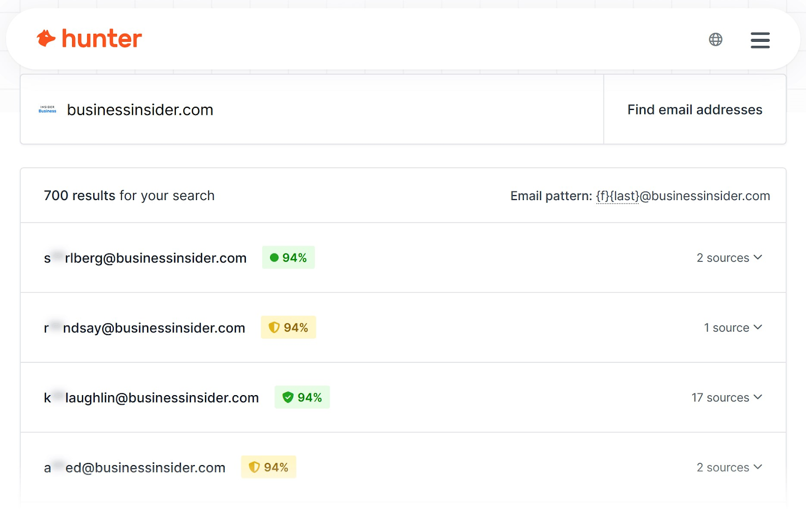 results for "businessinsider.com" search in Hunter.io.
