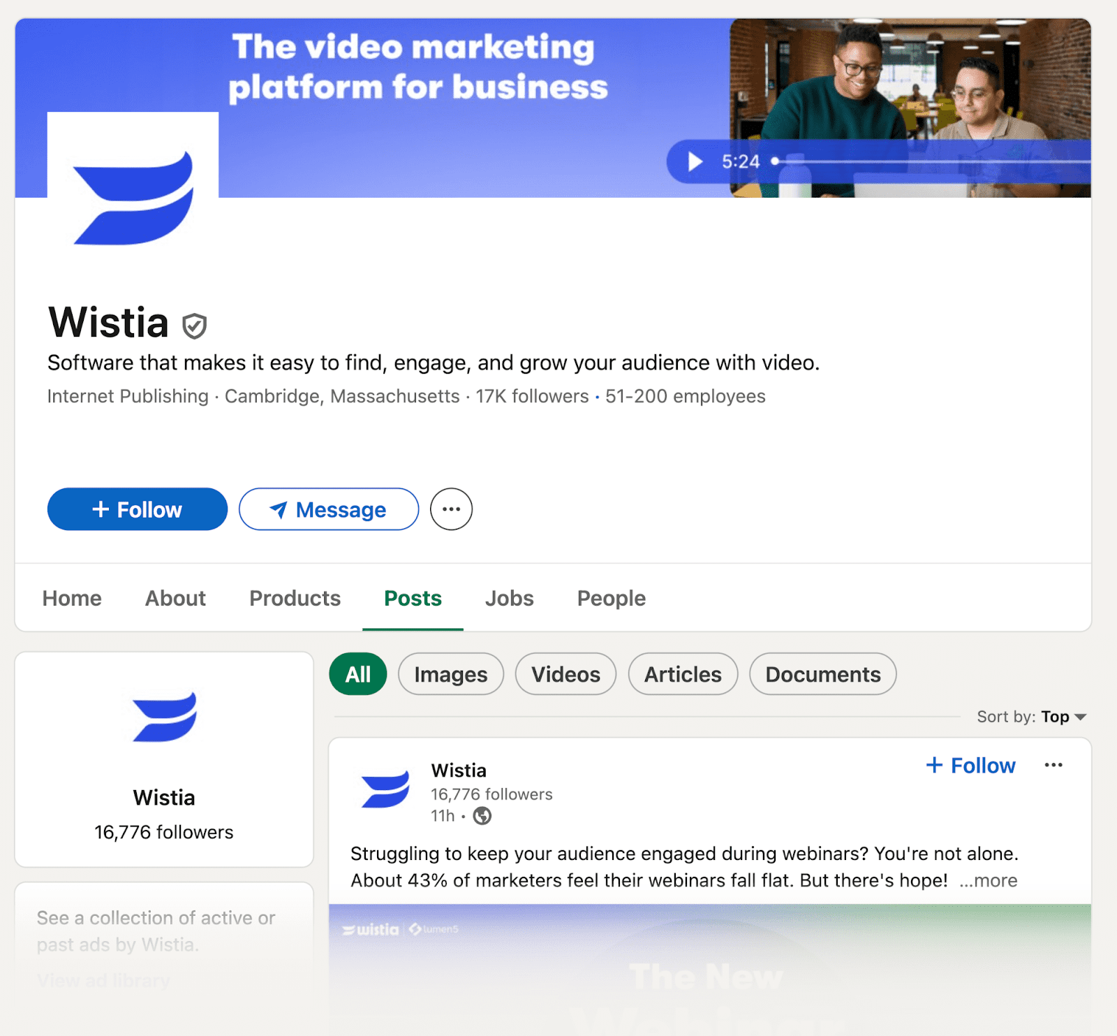 Wistia's LinkedIn profile