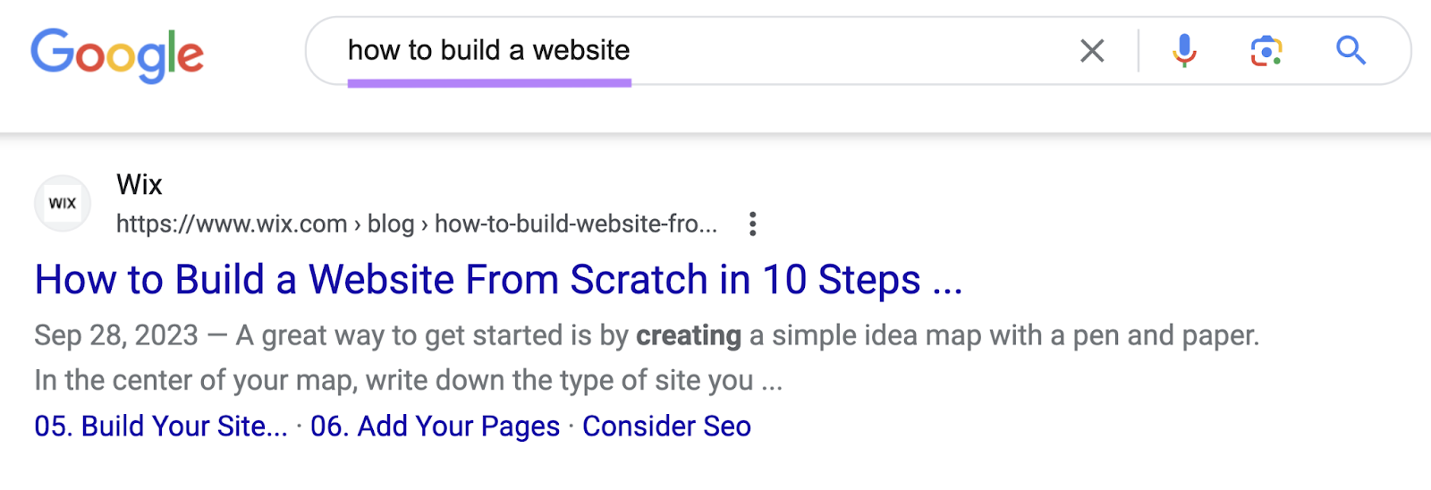 Wix' result on Google SERP for "how to build a website” query