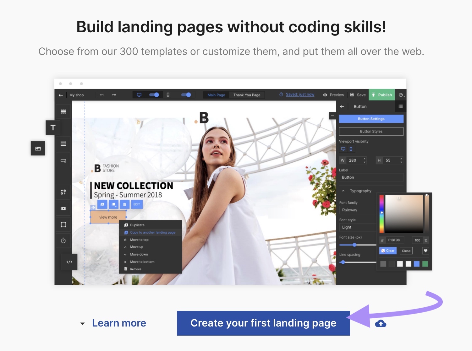 Landing Page Builder's landing page with blue “Create your first landing page” button highlighted