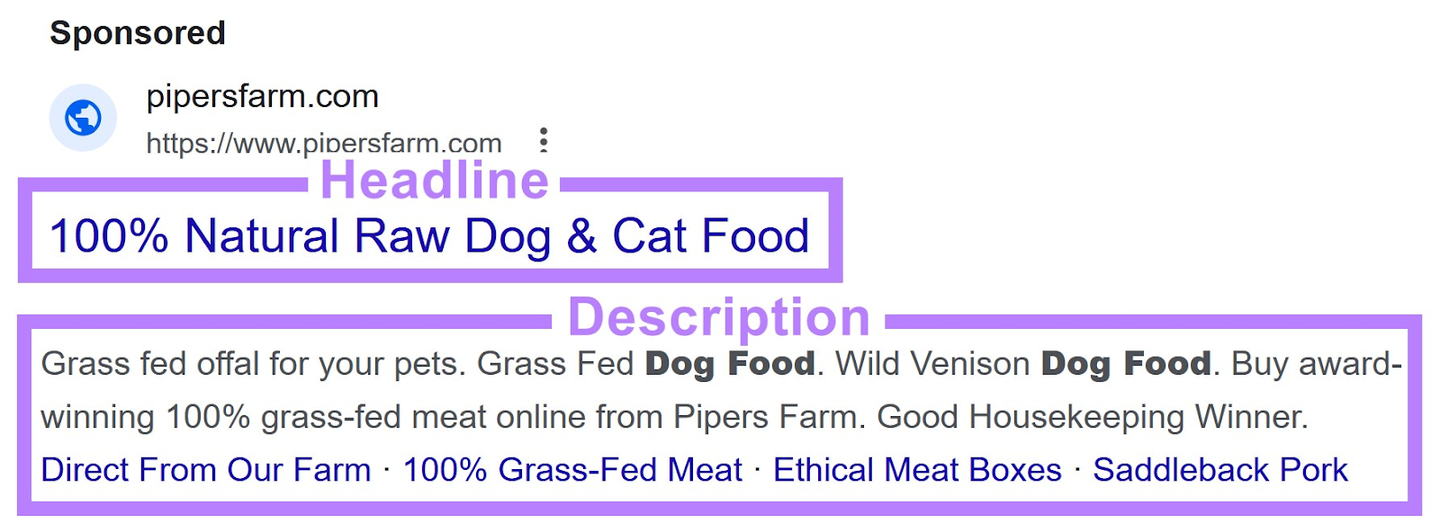 an example of a search ad with headline and description sections highlighted
