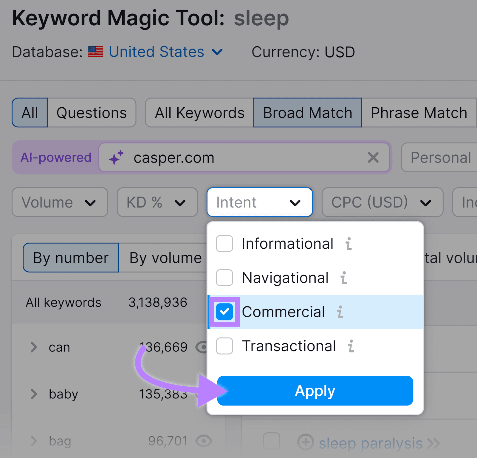 Intent filter expanded and set to Commercial. Arrow pointing to Apply button.