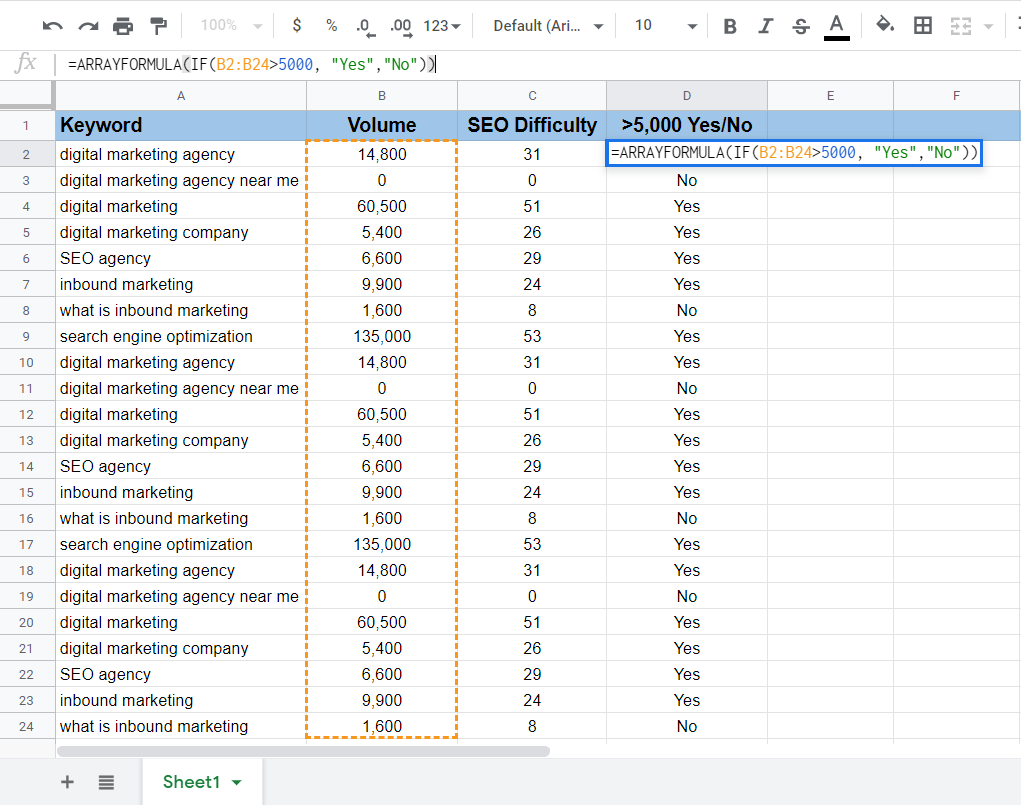 ARRAYFORMULA Google sheets example