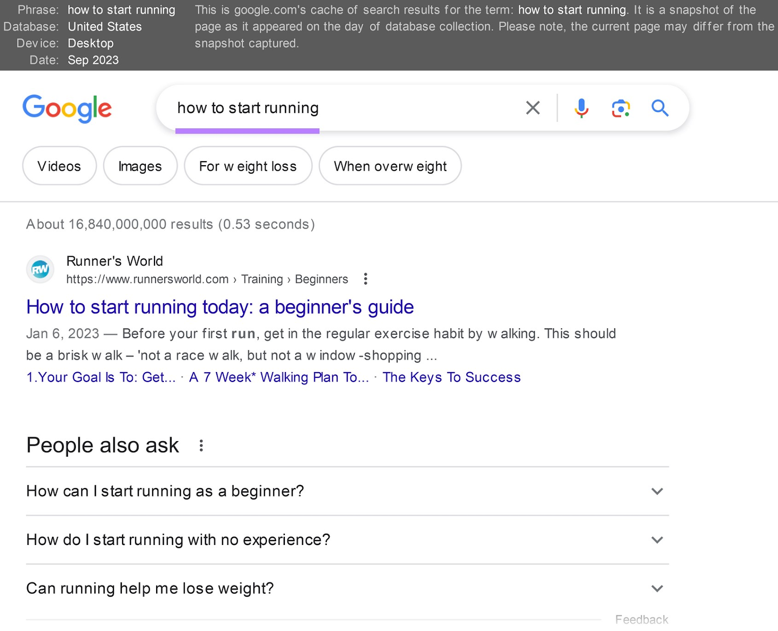 Live view of the SERP for "how to start running" search