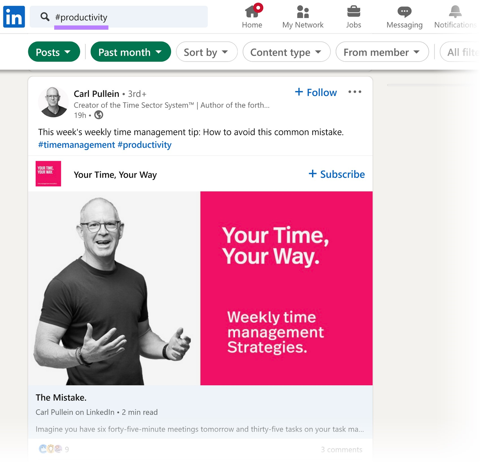 Search for #productivity hashtag on LinkedIn