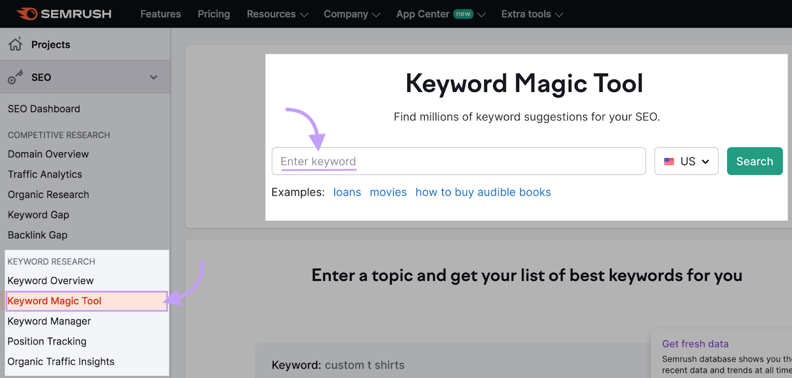 Navigating to Keyword Magic Tool successful  Semrush dashboard