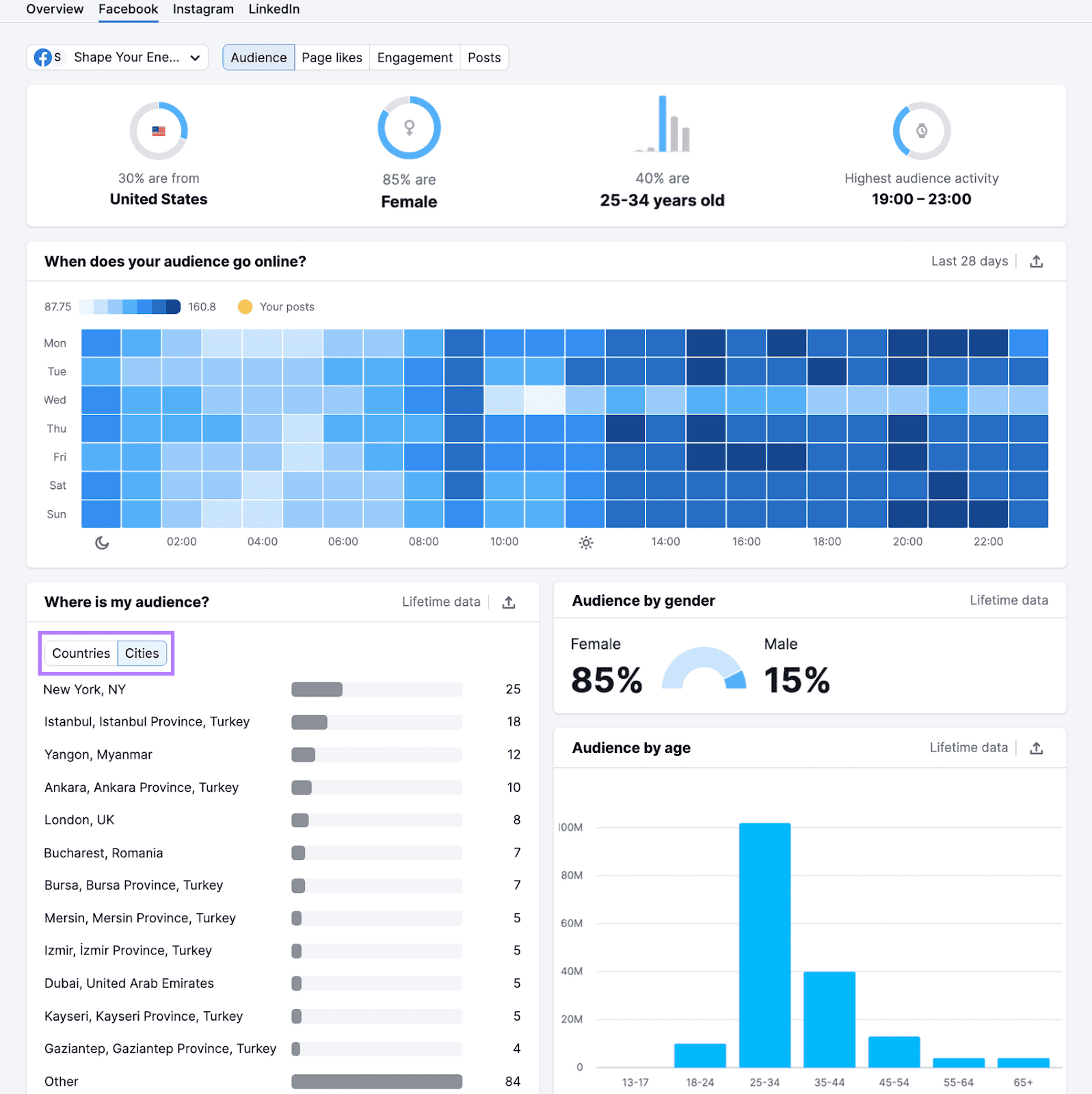 Social Analytics "Facebook" dashboard showing audience insights with a focus on top cities