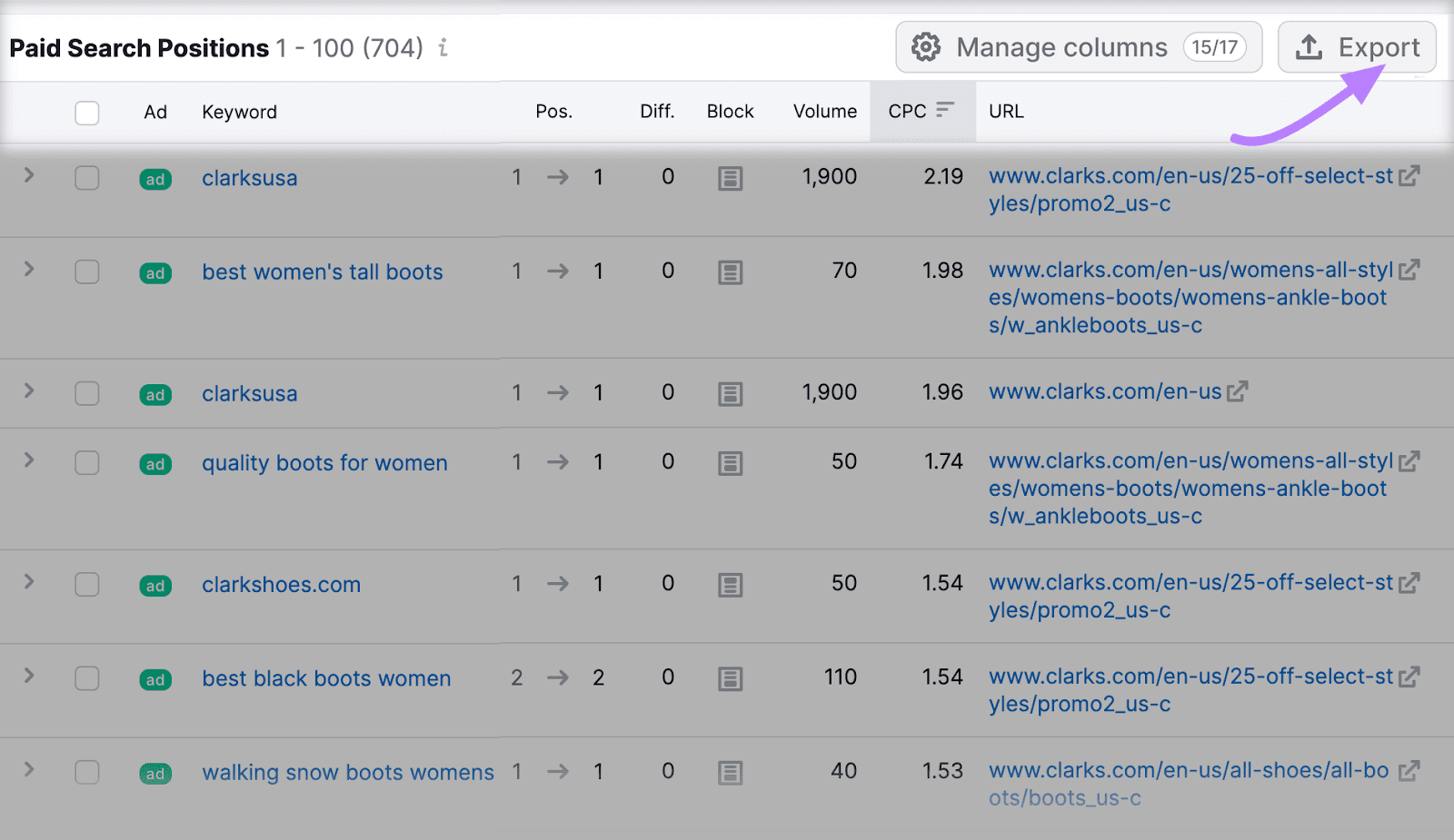 "Export" button highlighted next to "Paid Search Positions" table