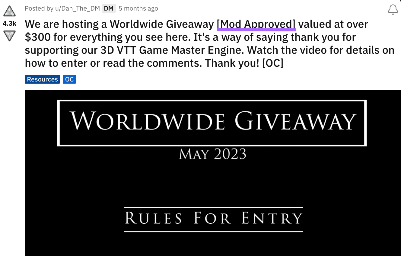 A giveaway on Reddit with "[Mod Approved]" section of text highlighted