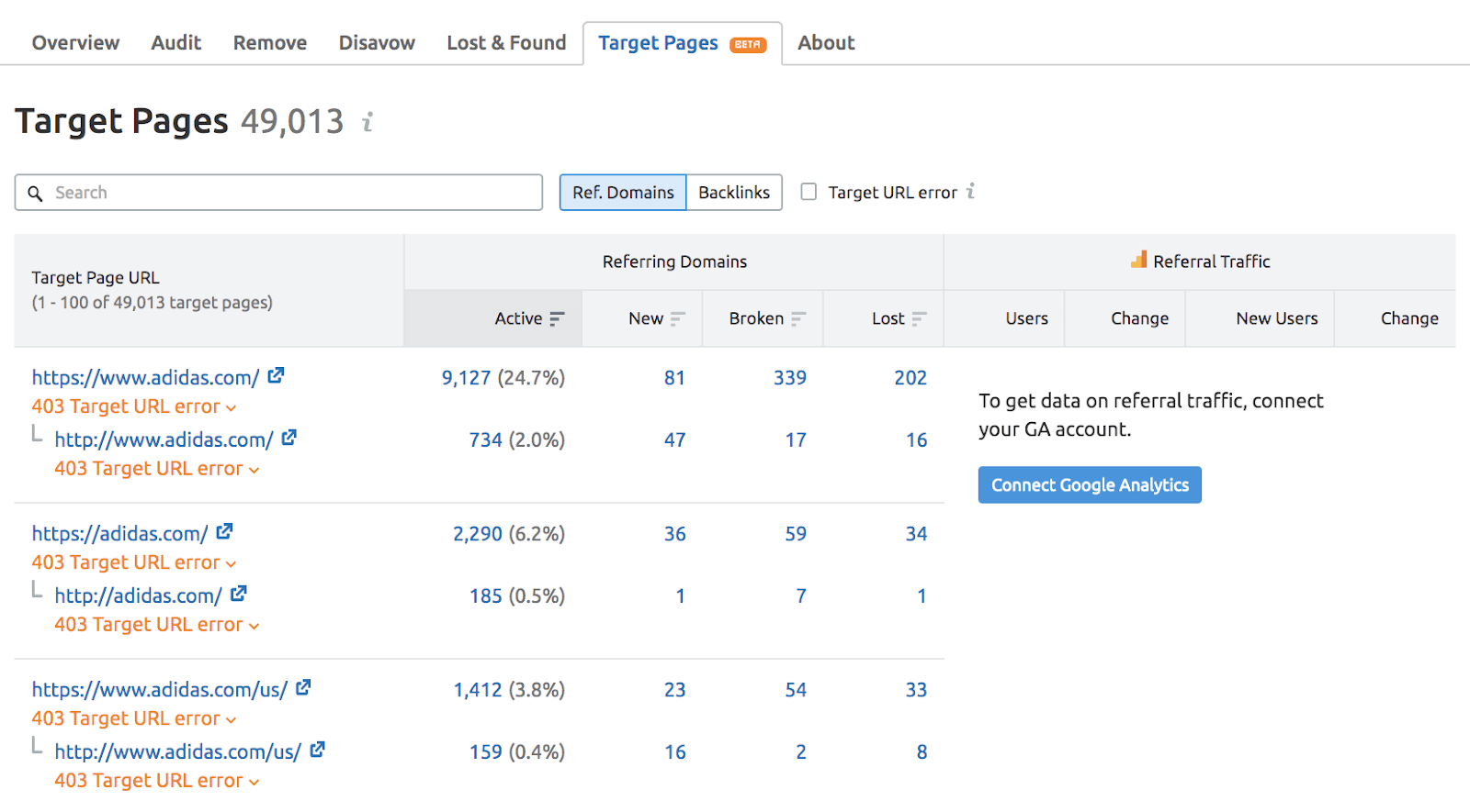 nuovo report backlink audit