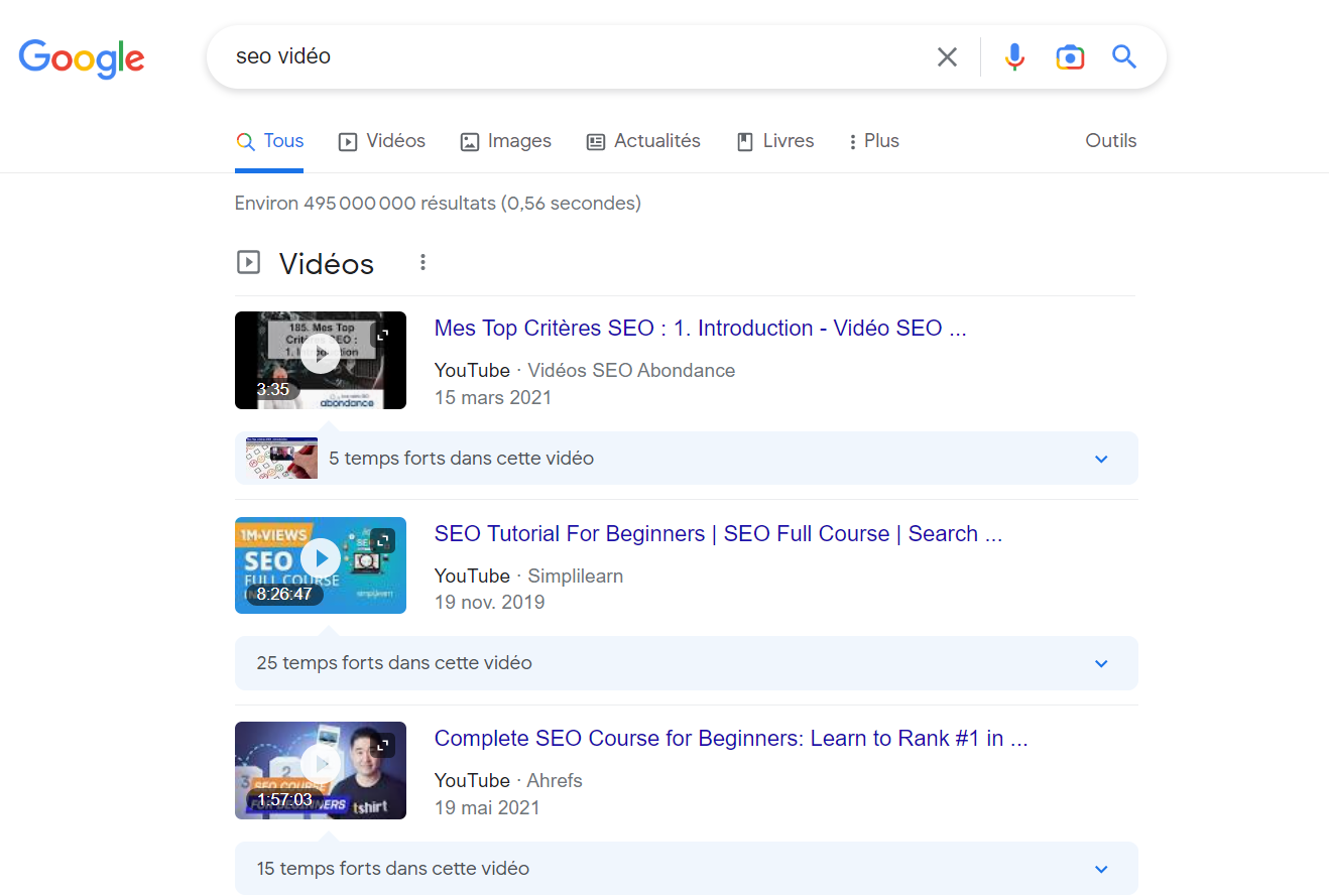 section vidéo dans une SERP