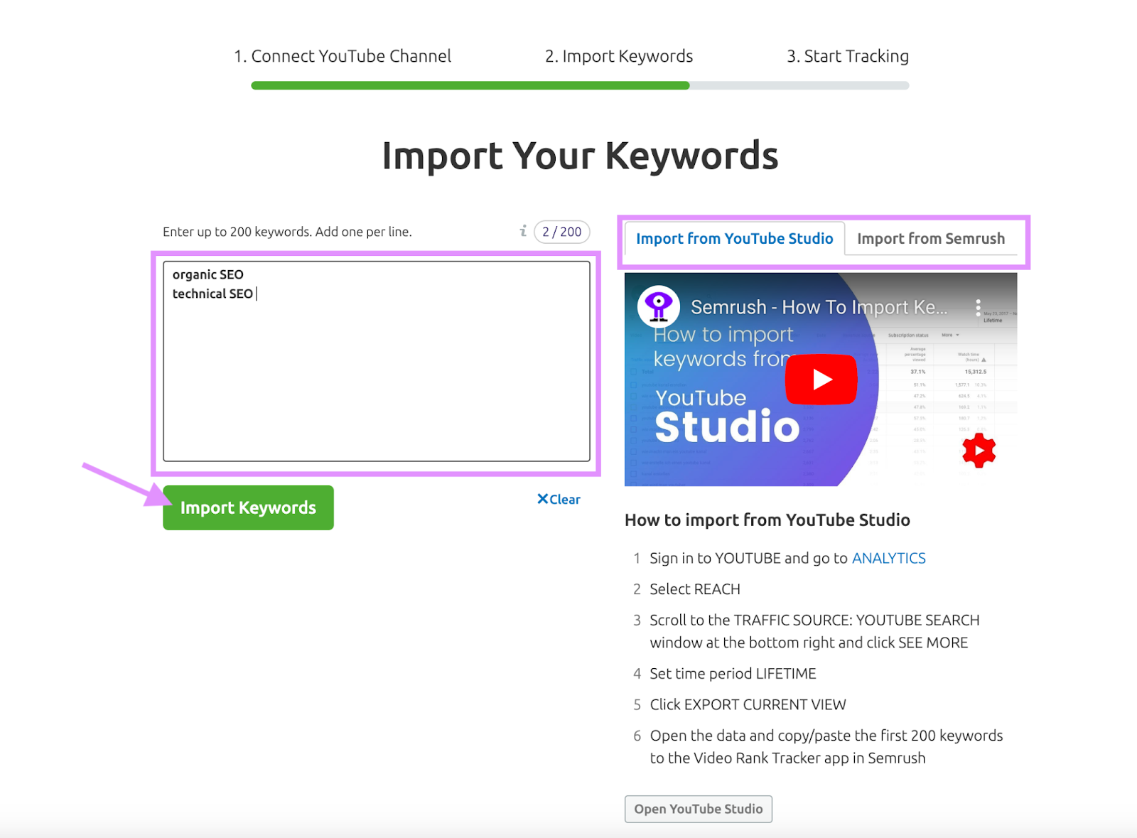 "Import Keywords" page with the keyword input box, import from options, and "Import keywords" button highlighted.