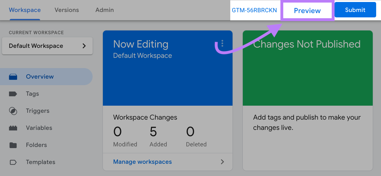 "Preview" button highlighted in Google Tag Manager