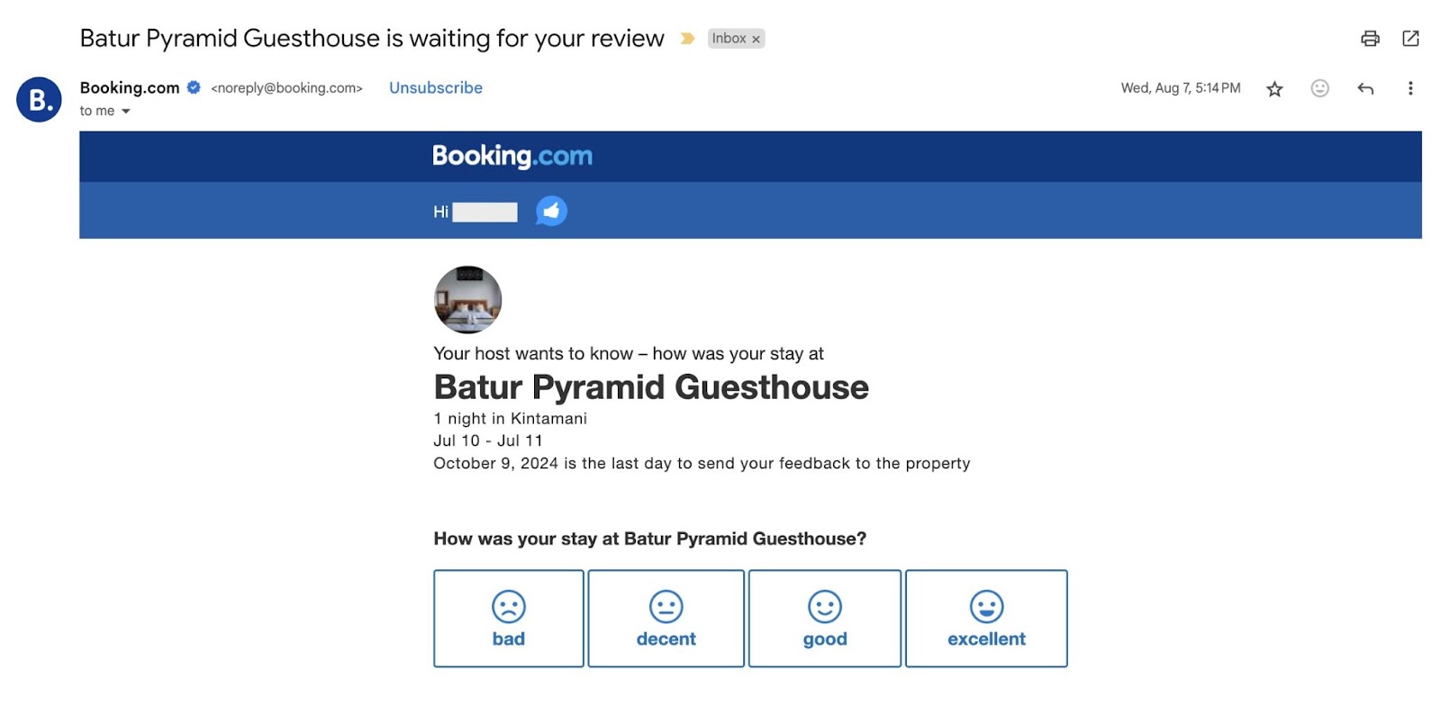 Email by Booking.com encouraging the recipient to leave a review along with a direct link to the review platform.